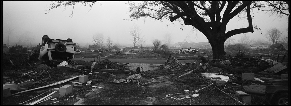 lower 9th ward after hurricane katrina - panoramic of destroyed neighborhood