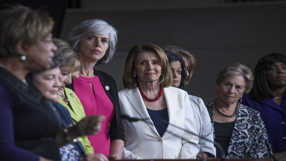 Nancy Pelosi, center, with other Democratic congresswomen at a June press conference denouncing President Trump's derogatory tweets about women.