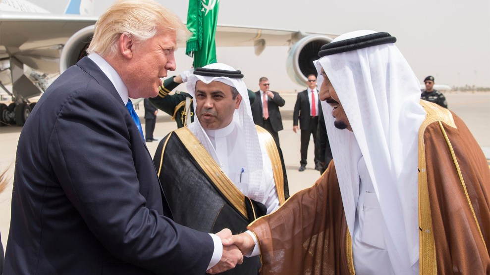 Donald Trump greets Saudi King Salman in Riyadh on May 20.