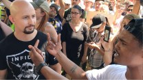 Johnny Benitez argues with counterprotesters in Berkeley on Sunday.