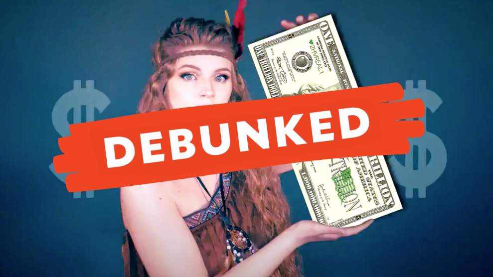 A photo of Kaitlin Bennett in a Halloween-style Indian costume, holding a dollar bill with "DEBUNKED" written across the photo in red.