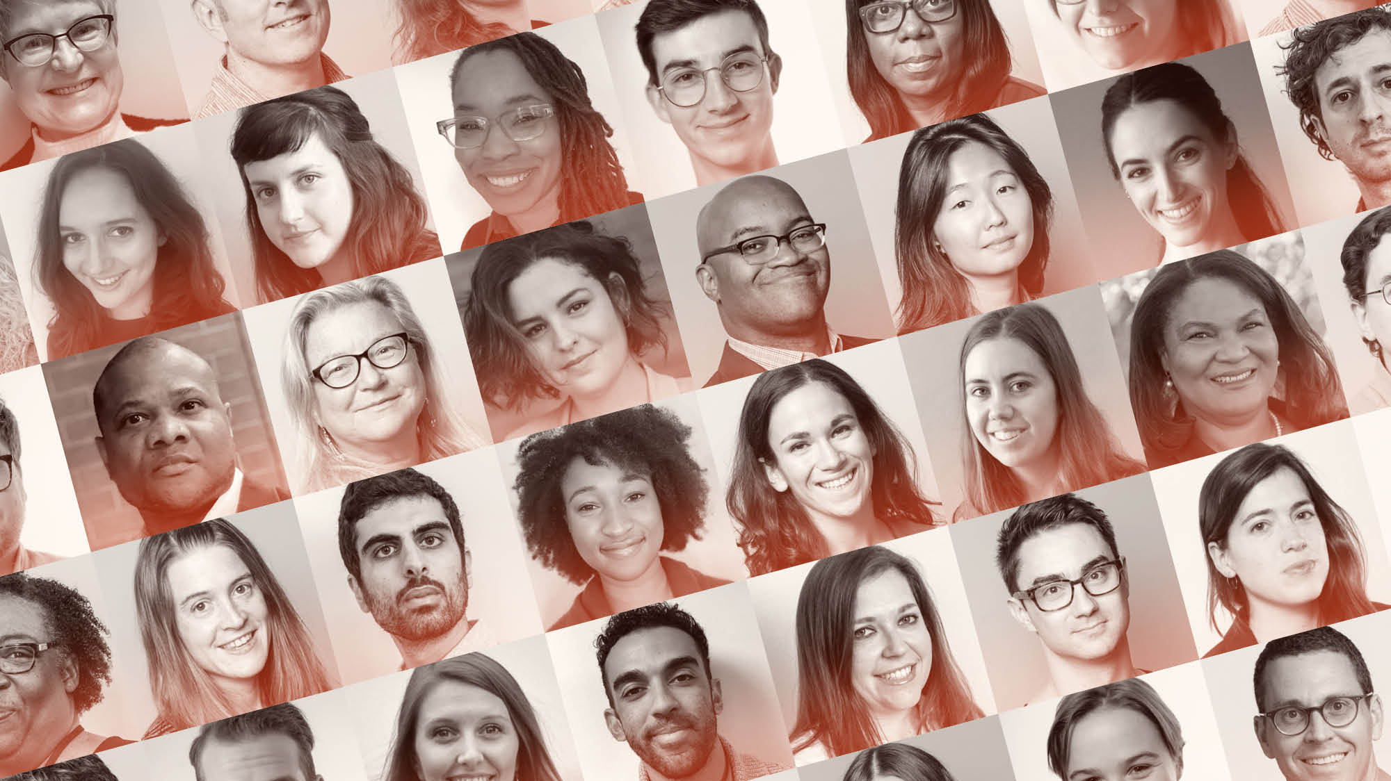 A grid of sepia toned headshot photographs showing people of a variety of races and genders.