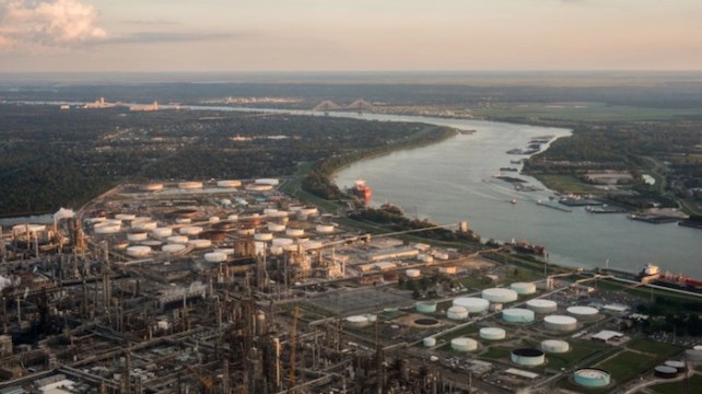 An aerial view of Louisiana’s ‘Cancer Alley’,' which features small houses near a stream of water