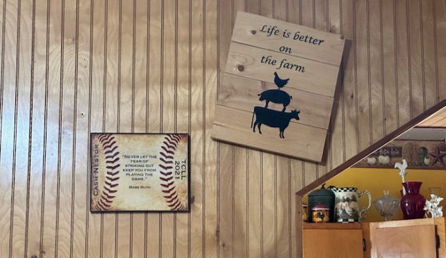 A wooden wall with two signs hanging in a home