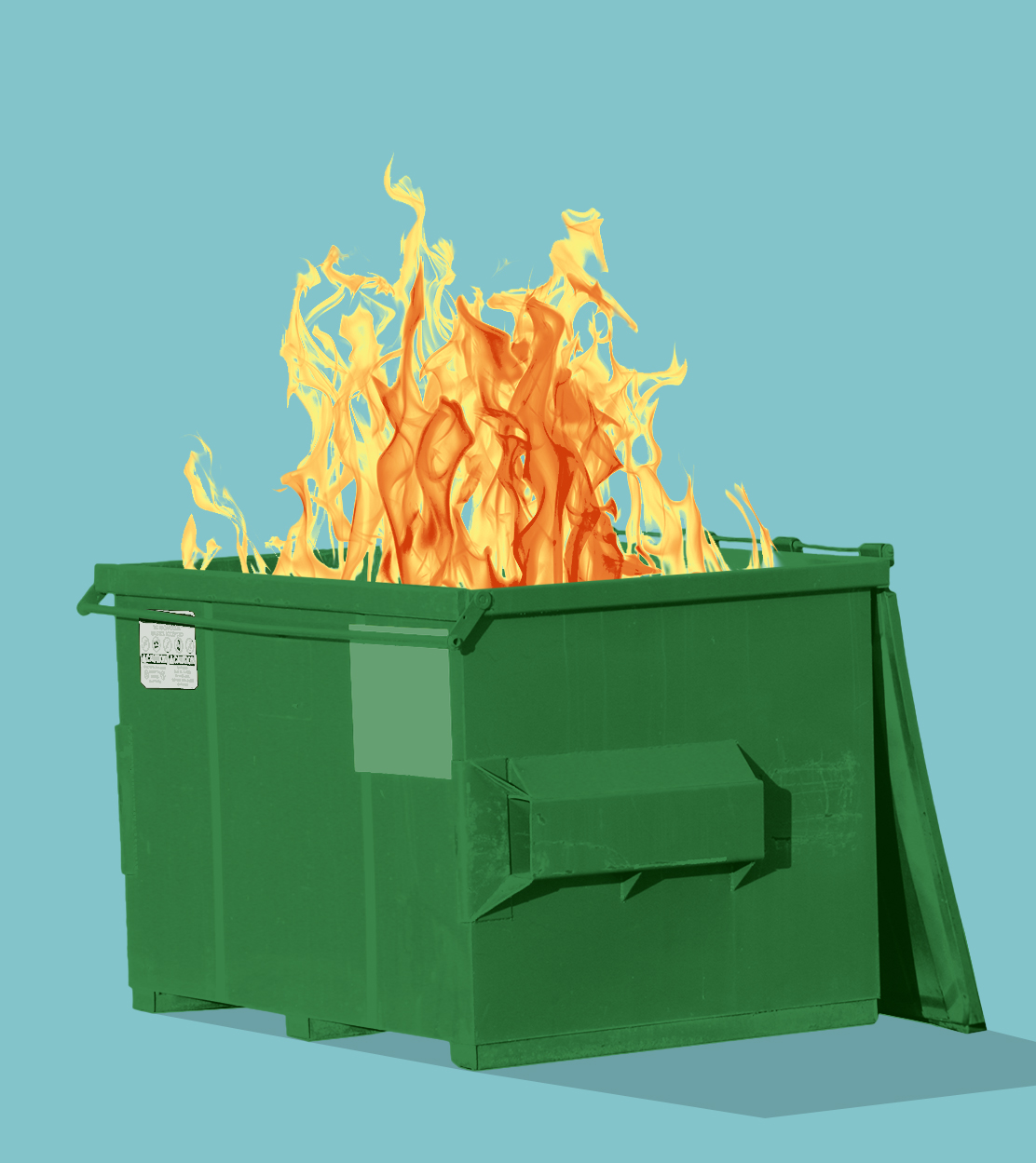 A photo illustration of a fire in a dumpster.