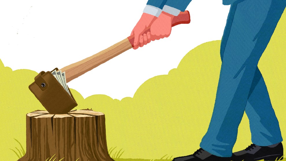 An illustration of a person in a suit chopping some wood