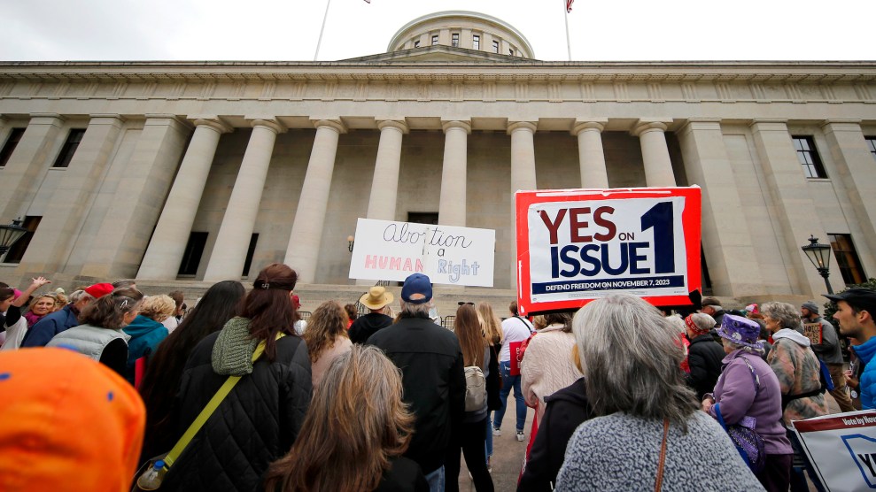 Supporters of the abortion-rights ballot initiative in Ohio rally in front of the statehouse.