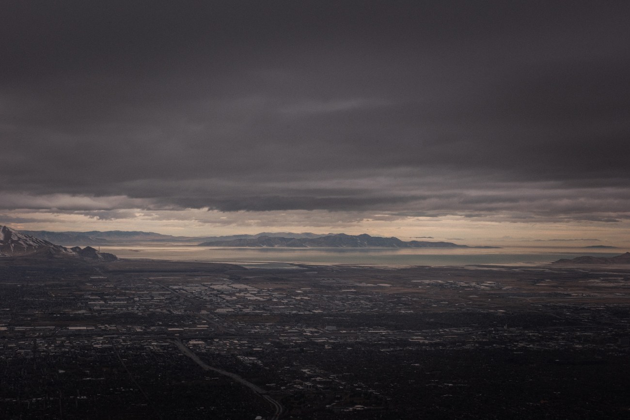 Stansbury Island on the Great Salt Lake and the edge of SLC from the Wasatch Range.