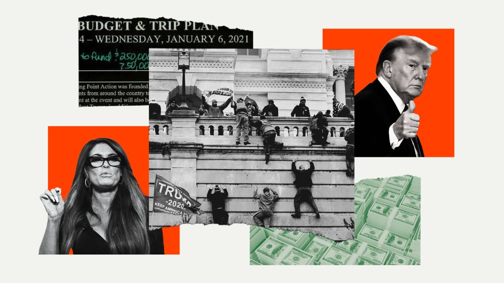 A collage of January 6 insurrectionists climbing the west wall of the the U.S. Capitol in Washington, D.C., in 2001. The image is paired with pictures of Kimberly Guilfoyle, Donald Trump, a slip of an invoice noting expenses and a stack of cash.