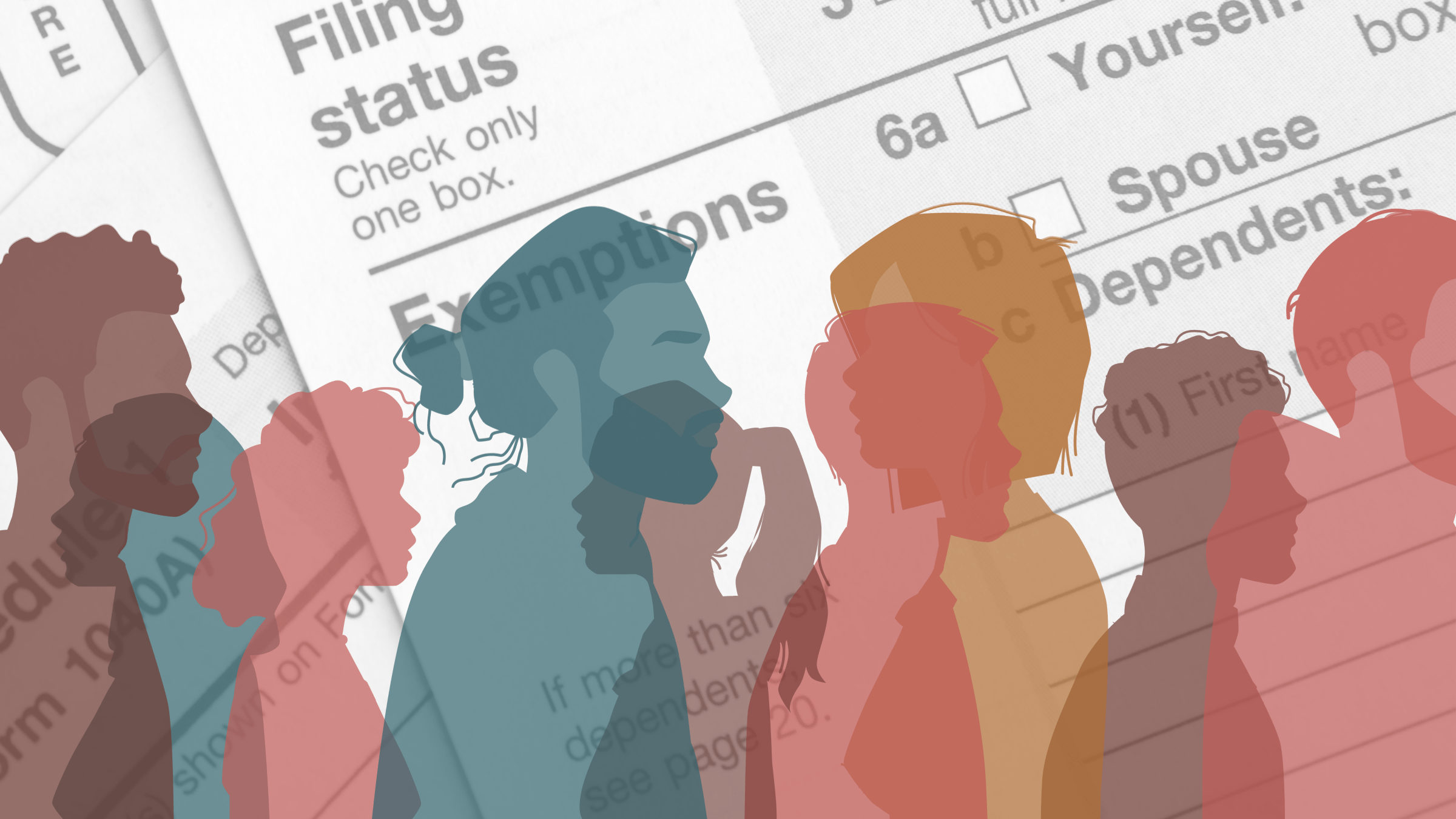 Outlines of people are over a background of tax filing documents.