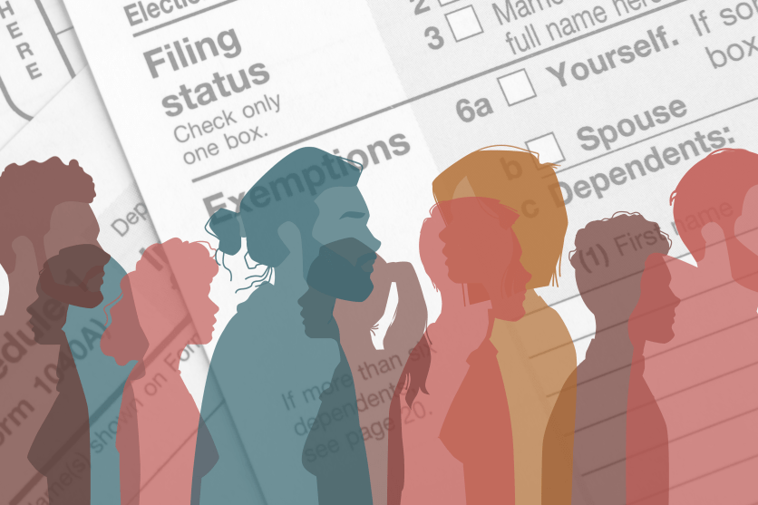 Outlines of people are over a background of tax filing documents.