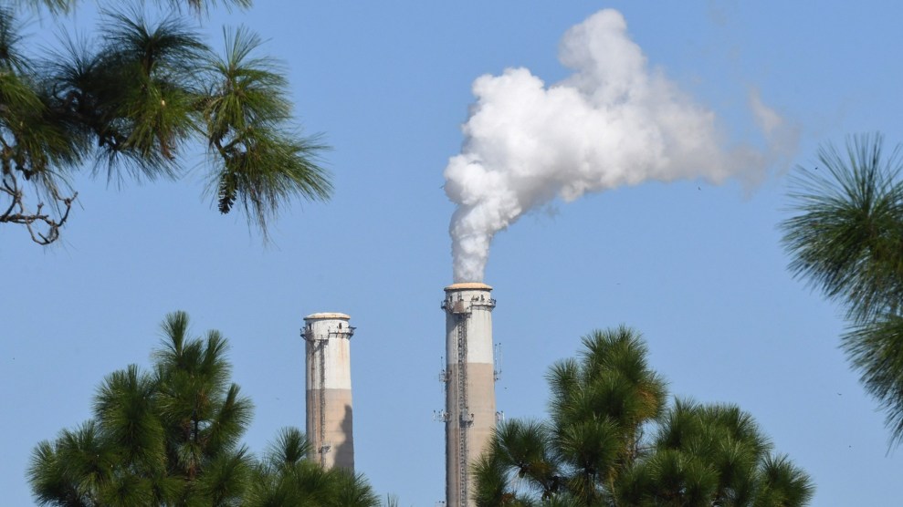 Two smokestacks emerge from trees on top of a blue sky.