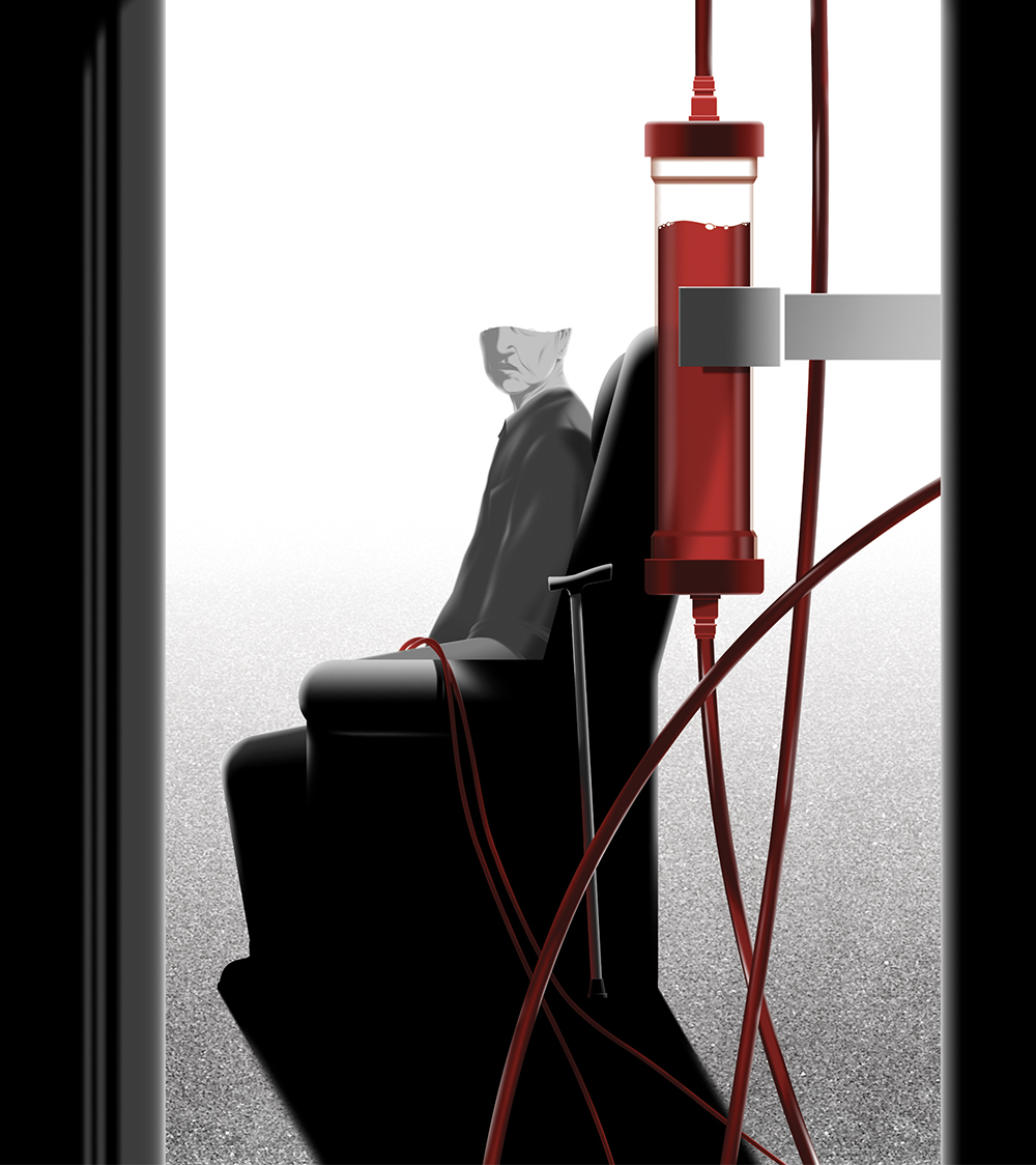 Illustration of a dialysis machine filtering blood from a patient, an old man, who sits in a chair in the background.