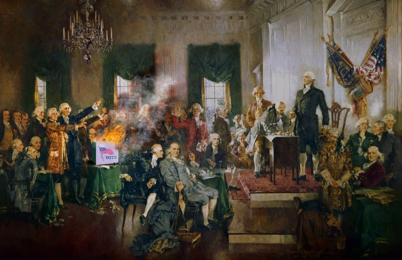 An illustration that places a burning ballot box at the center of Howard Chandler Christy's famous painting, "Scene at the Signing of the Constitution of the United States."
