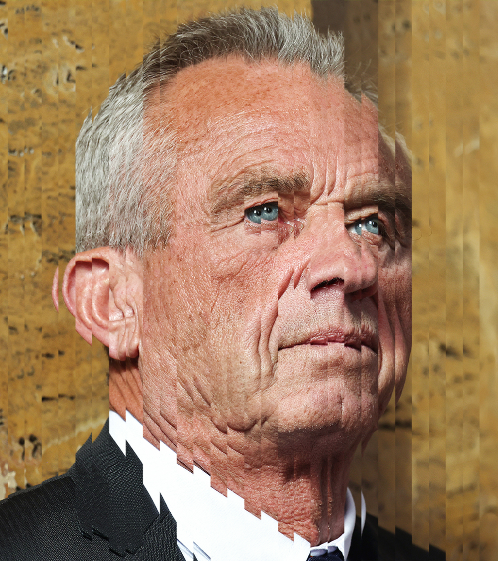 A photo of Robert F Kennedy Jr, a white man with gray hair, which is is distorted