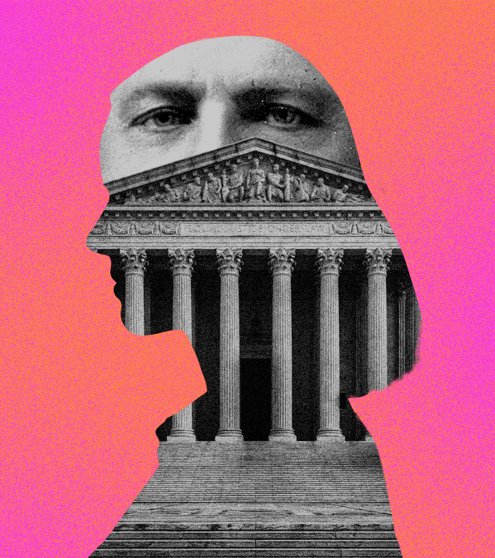 A collage illustration of a silhouette of a woman, and inside the silhouette is a picture of the supreme court building and the picture of a man whose eyes stare out from above the building.