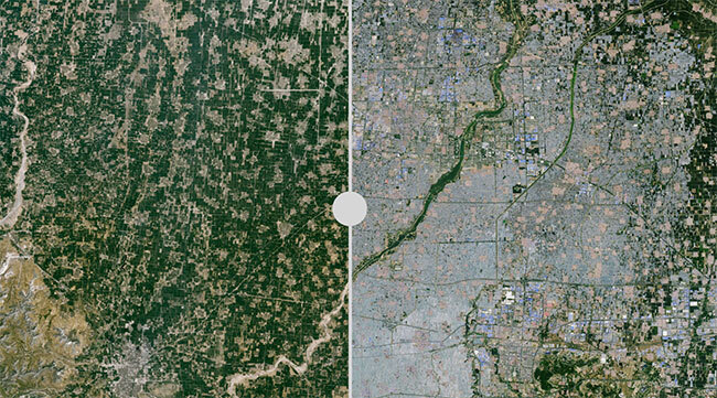 A split view of aerial images taken in Weifang, China showing a boom in greenhouses.