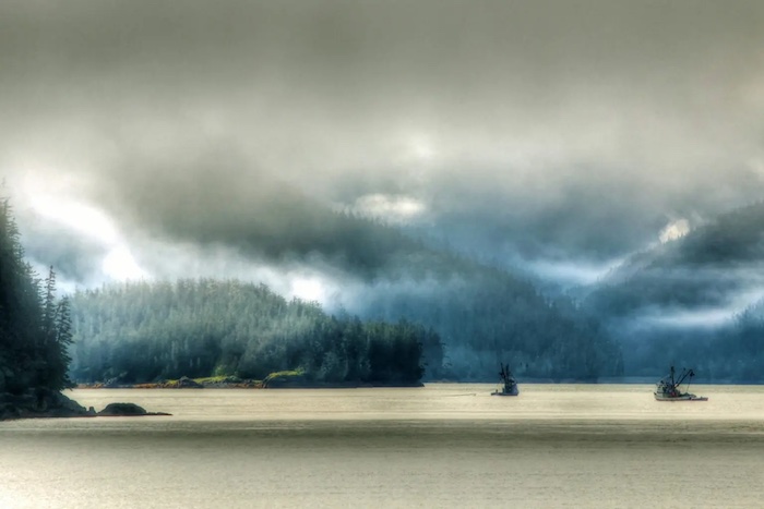 Fishing boats near forested shores, with a cloudy sky overcast