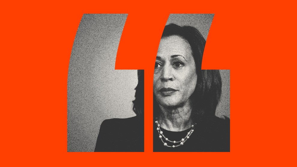 A composite image of Kamala Harris inside a big quotation mark