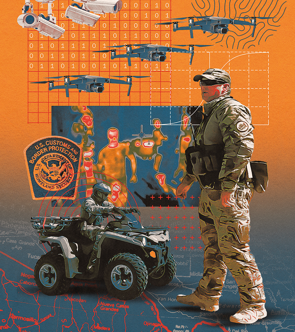 Photo collage featuring two Border Patrol agents, multiple drones, surveillance cameras, and heat map images.