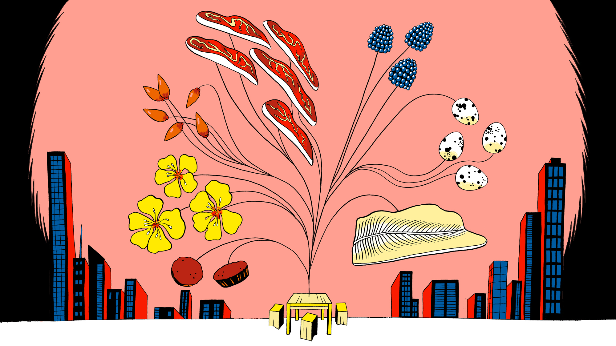 A small yellow wooden table sits in front of a blue and red city landscape. Stems spring from the table. From left to right, the ends of the stems hold brownies, yellow flower petals, light brown seeds, red meat, blueberries, white eggs with black spots, and a decorative plate featuring a tree trunk and branches.