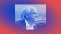 A stylized image of Minnesota Governor Tim Walz against a red and blue gradient background