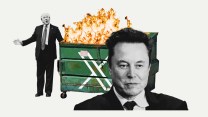 A collage of Donald Trump standing next to a dumpster fire. Elon Musk, in front, stares into the distance.