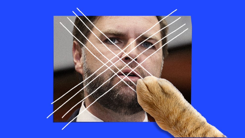 A cat's paw scratching a photo of JD Vance's face