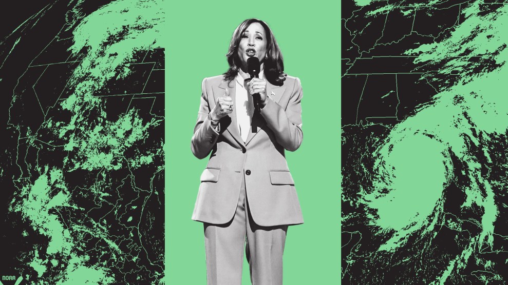 Photo collage of Vice President Kamala Harris speaking into a microphone; to her left and to her right are stylized radar images of a hurricane.