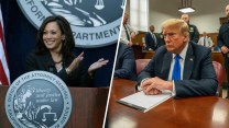 Split image featuring then Attorney General Kamala Harris on the left and Donald J. Trump during a criminal trial on the right.