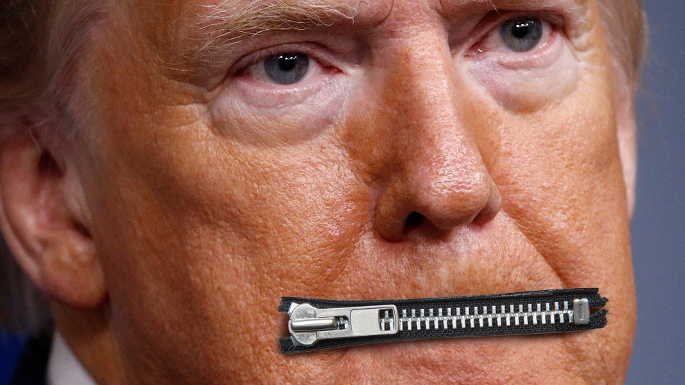 Close-up of Donald Trump's face with a closed zipper over his mouth.