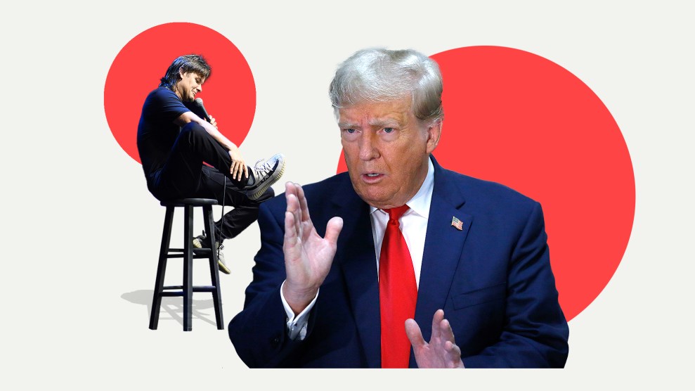 A collage of Theo Von sitting on a stool holding a microphone. Across from him, Donald Trump gesticulates with his hands.