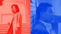 A diptych of two stylized photos: on the left is a red-tinted image of a woman with a long coat walking with steps in the background, on the right is a blue-tinted close-up image of a man wearing a suit.