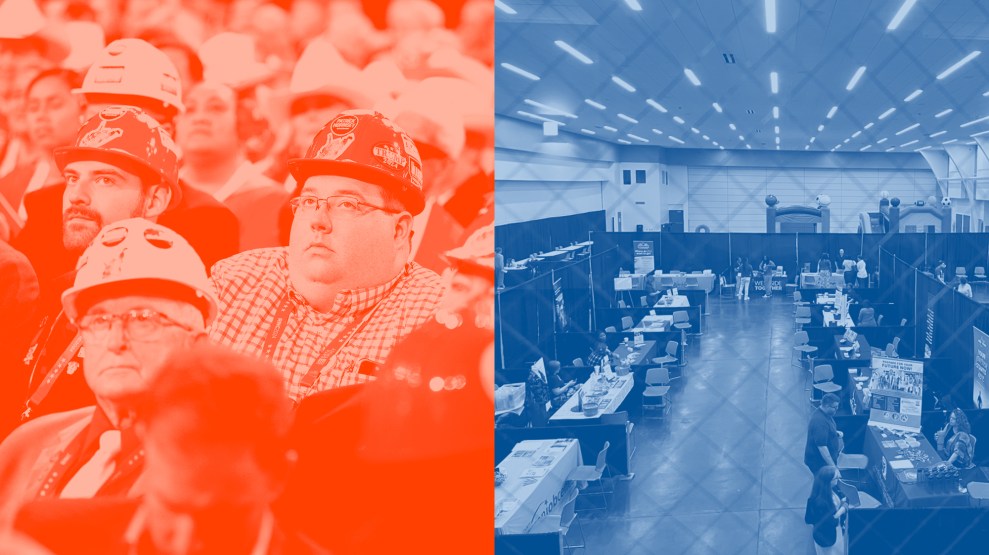 The image is split into two sections. On the left, a crowd of people, mostly men, are seen wearing hard hats, appearing attentive and serious, tinted in red. On the right, a large, mostly empty event hall with tables and booths, viewed from an elevated angle, is shown in a blue tone.