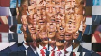 Collaged portrait of Donald Trump, composed of ten different photographs of the former President, which are repeated to create a disorienting, distorted effect.