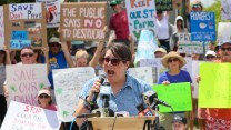 A woman in a blue short-sleeve shirt and sunglasses speaks in front of a crowd. People hold up posters that says "the public says no to destruction."