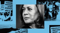 A composite image of Kamala Harris in black and white, immigration protests, the border, and people walking through water with a child in a blue color overlay.