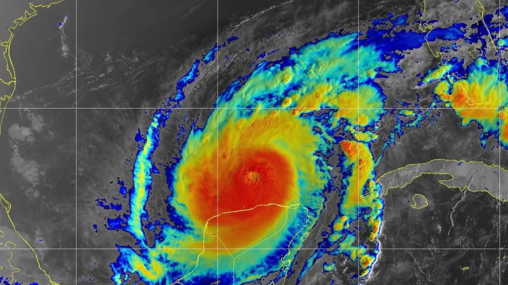 A multi-colored satellite image oh Hurricane Milton