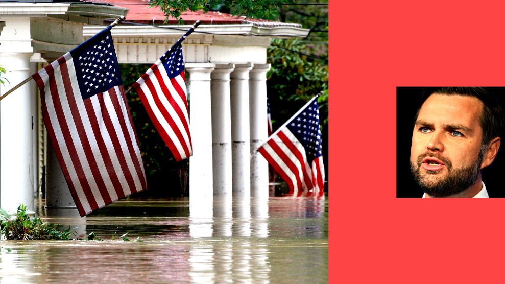 A diptych that shows a flooded neighborhood, left, and and a closely cropped image of JD Vance's face on the right. The flooded neighborhood centers a house submerged under water. From the portico of the home hangs three American flags that dangle close to the top of the flowing water below.