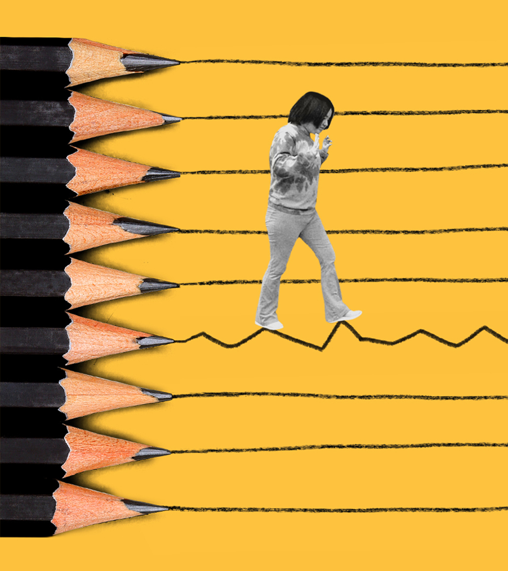 Black lines extend from the tips of nine pencils, eight of them straight, one jagged. A teenage girl walks along the jagged line.