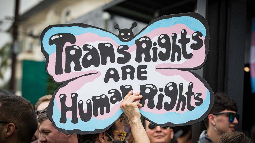 A hand at a protest or march holds up a butterfly-shaped sign that reads, "Trans rights are human rights"