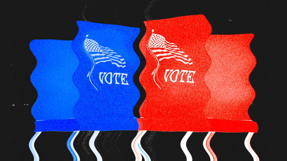 An image of two voting booths—the one on the left is blue, the one on the right is red. On the side of the voting booths is an iconic billowing American flag above the word 'Vote'. The voting booths, like the views of the conspiracy theorists, are are warped.