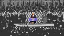 A photo illustration of Trump speaking on Election Night; he is in color and everyone else is in black and white.