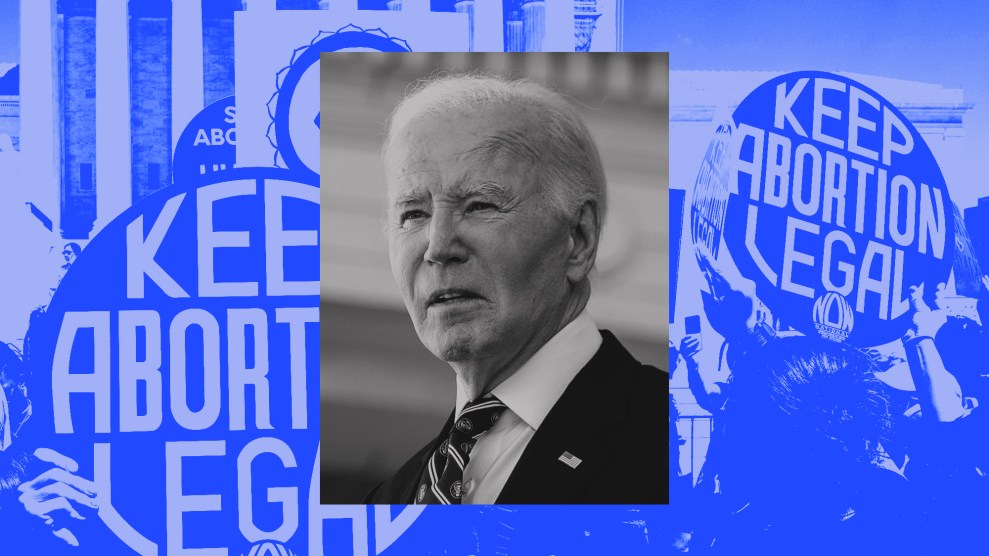 A collage that pairs abortion rights activists, background, and a tightly cropped image of the face of Joe Biden. The image of the activists is in a dark monochrome blue. Biden's image is black and white.