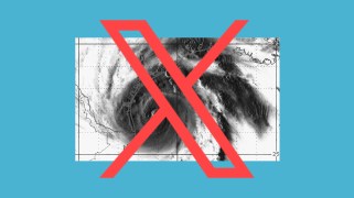 The X logo in red overlaying a satellite image of a hurricane that's in stark black and white.