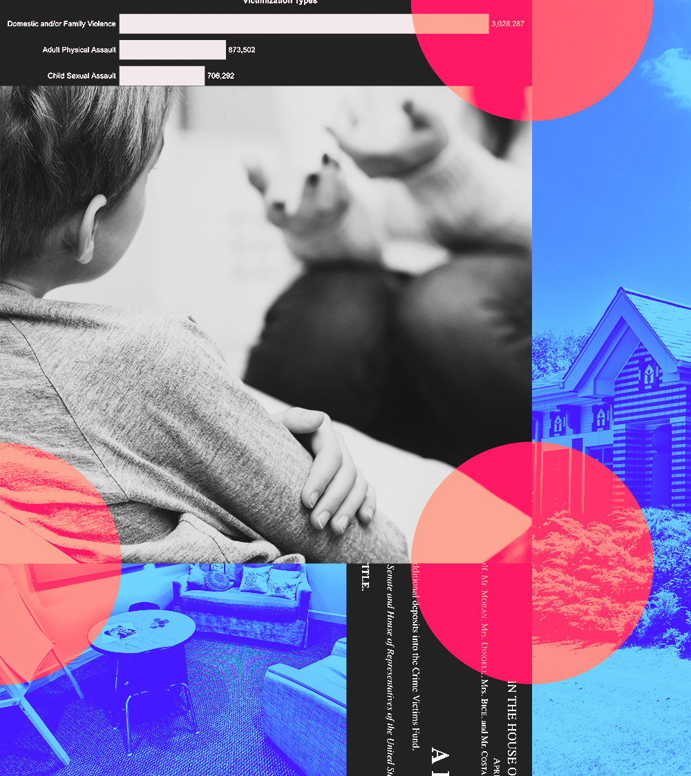 A collage addressing child abuse and support services. A black-and-white image of a child listening to an adult is paired with a blue-tinted photo of a therapy room and a suburban house. A legislative document references victim services, and a bar chart highlights the prevalence of victimization. Bright red and blue overlays tie the visuals together.