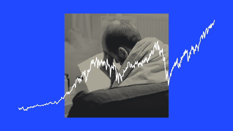 A line chart trending up is overlayed on top of an image of a worried man reading a piece of paper