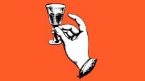 A vintage illustration of a hand holding a glass, mid-toast, on an orange background.