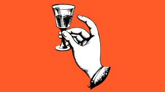 A vintage illustration of a hand holding a glass, mid-toast, on an orange background.