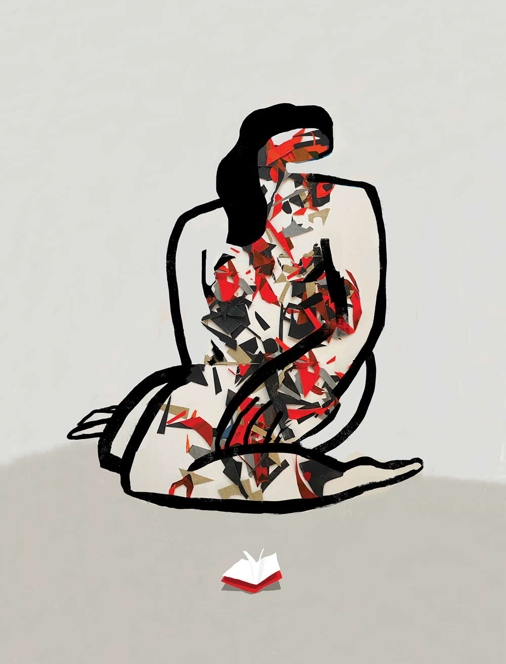 An abstract painting of a female form kneeling on the floor. She is outlined in black against a beige background. Internally, are rough shards in red, black and brown. Her long black hair falls to her chest. The figure looks in front of here where sits a tiny book, which she diminishes with her significance by comparison.